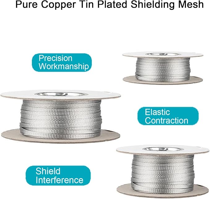 Tinned Copper Braided Cable Shielding Sleeve Metal Wire Loom Sheathing EMI RFI ESD Protector Grounding Mesh Flat Tubular Expandable 1/2" W(0.32" ID)-35FT