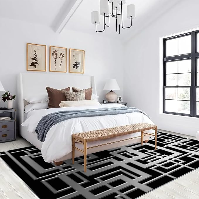 Minimalist Geometric Area Rugs, Grey Black Abstract Carpet, Washable Non Slip Low Pile Soft Rug for Living Room Bedroom Decor Mat 6x9ft