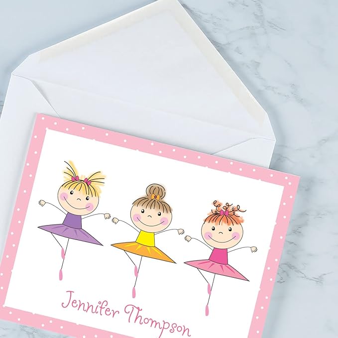 Current Tiny Dancer Ballet Kids Personalized Note Cards - 24 Cards with White Envelopes, 4¼ x 5½ Inch Size, Blank Stationery, Add Names or Text, For Thank You Notes, Invitations, & Announcements