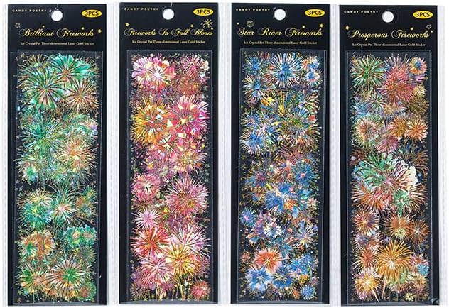 Holographic Fireworks Stickers for Journaling and Crafts, 12 Sheets Transparent PET Stickers for Scrapbooking, Junk Journal Supplies, Collage, DIY Paper Arts Decorative