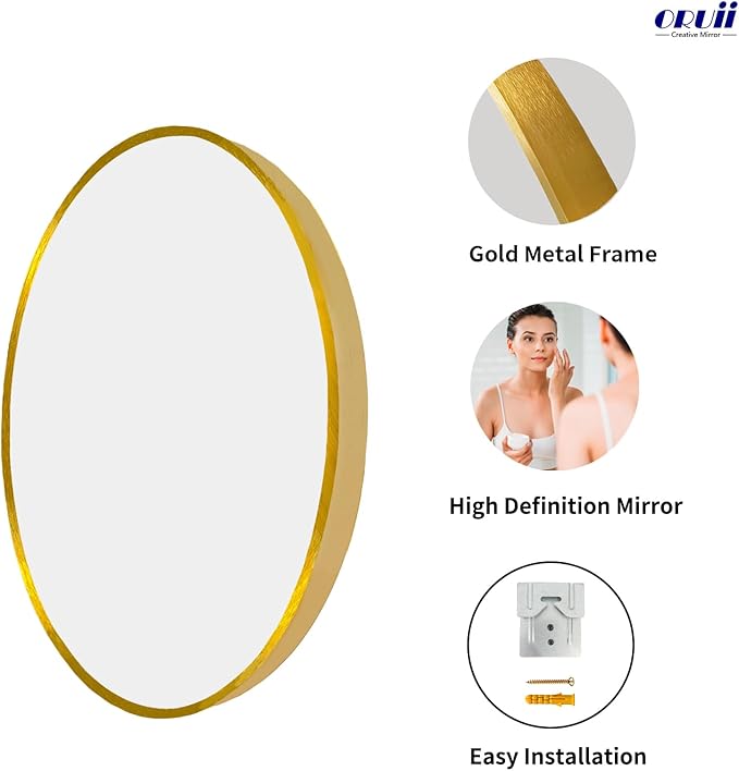 Oruii Gold Round Mirror, Golden Round Mirror 24 inch, Circle Wall Mirrors Metal Frame, Brass Circular Mirrors for Bathroom, Wall, Living Room, Entryway, Hallway, Vanity, Rustic