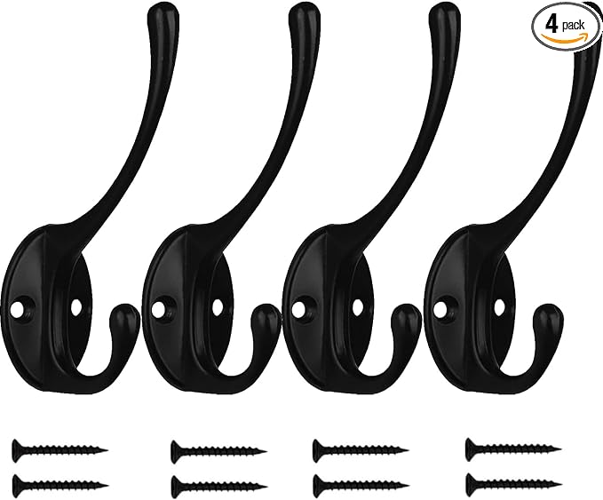 Kruodop 4Pcs Coat Hooks Wall Hooks for Hanging Heavy Duty, Wall Mounted Black Towel Hooks, Metal Single Coat Hanger with Screws Cup Retro for Coats, Handbags, Towels