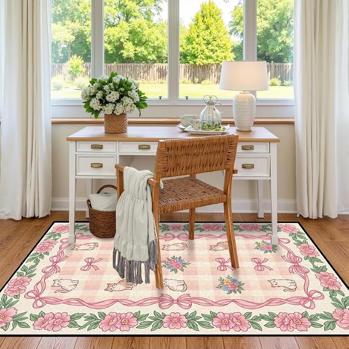 3'x5' Cat Floral Area Rug Pink Bow Flower Carpet Washable Rug Cute Cartoon Boho Floor Mat for Entryway Bedroom Living Room Nursery Playroom Classroom Home Decor