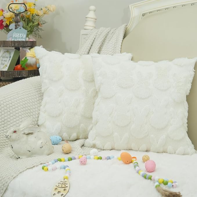 GEEORY Easter Bunny Soft Plush Pillow Covers, 16 x 16 Inch Set of 2, Fluffy Faux Fur Wool Decorative Farmhouse Cushion Case for Sofa Home Decoration Beige GC013-16