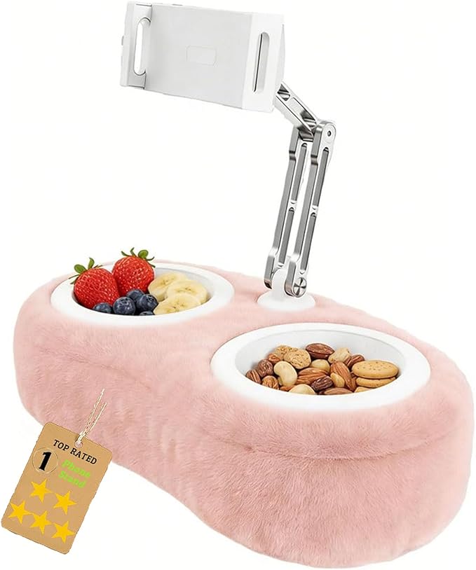 Fuzzy Pillow Phone Holder with Snack Bowl, Adjustable 360° Rotating Magnetic Stand for Phone/Tablet/Kindle iPad, Soft Plush Fabric, Detachable Snack Bowl for Reading for Bed (Double-Pink)