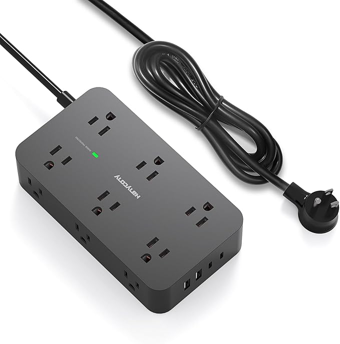 Black Flat Extension Cord 10 Ft, HANYCONY Power Strip Surge Protector with 12 Outlets 4 USB Ports(2 USB C), 1800J, Wall Mount, Desk Charging Station for Office Home College Dorm Room Essentials