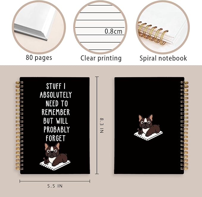 LIANGW Funny French Bulldog Notebook Journal Gifts for Women & Men, Frenchie Gifts for Women, for Coworkers, Black Hardcover Spiral Notebook 5.5x8.3 Inch