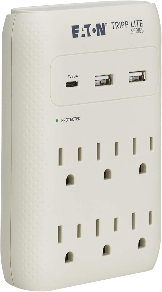 Eaton Tripp Lite SK60C Wall Surge Protector Power Strip & USB Wall Charger, 6-Outlet Extender, 1 USB-C + 2 USB Ports, 1080 Joules, Multi-Plug Outlet Splitter, Gray, Lifetime Manufacturer's Warranty
