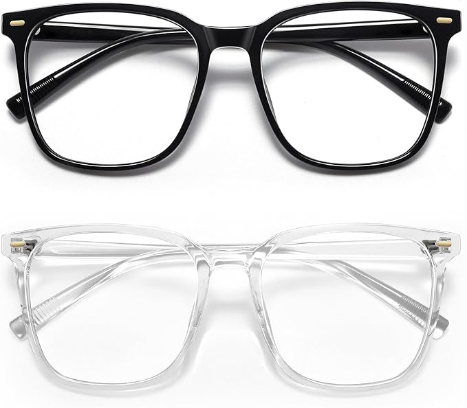 MACJERO 2-Pack Oversized Square Blue Light Blocking Glasses for Women Men, Anti-Fatigue Computer Monitor Gaming Glasses Reduce Eye Strain(Black+Clear)