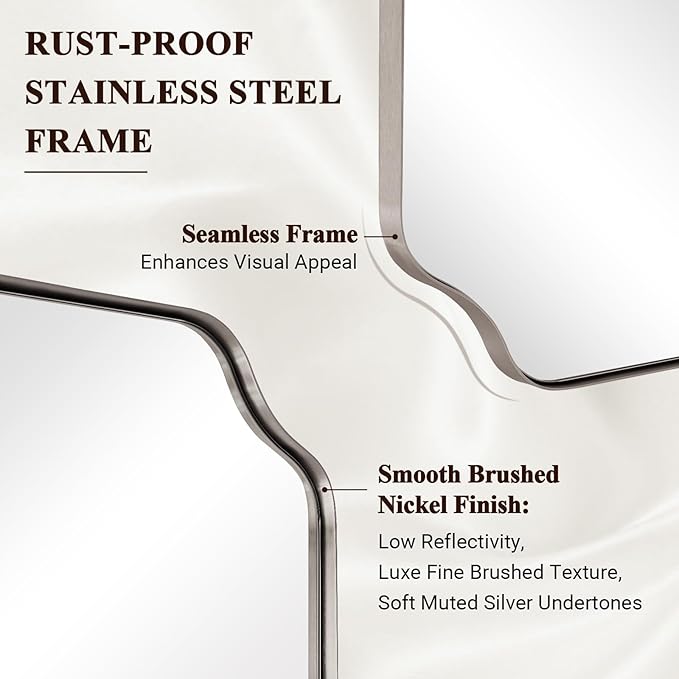 ANDY STAR 24"x30" Brushed Nickel Mirror, Silver Vanity Mirror for Bathroom Sink, Modern Scalloped Mirror in Rustproof Stainless Steel Thin Frame, Unique Rounded Notched Corners, Ideal for Home Remodel