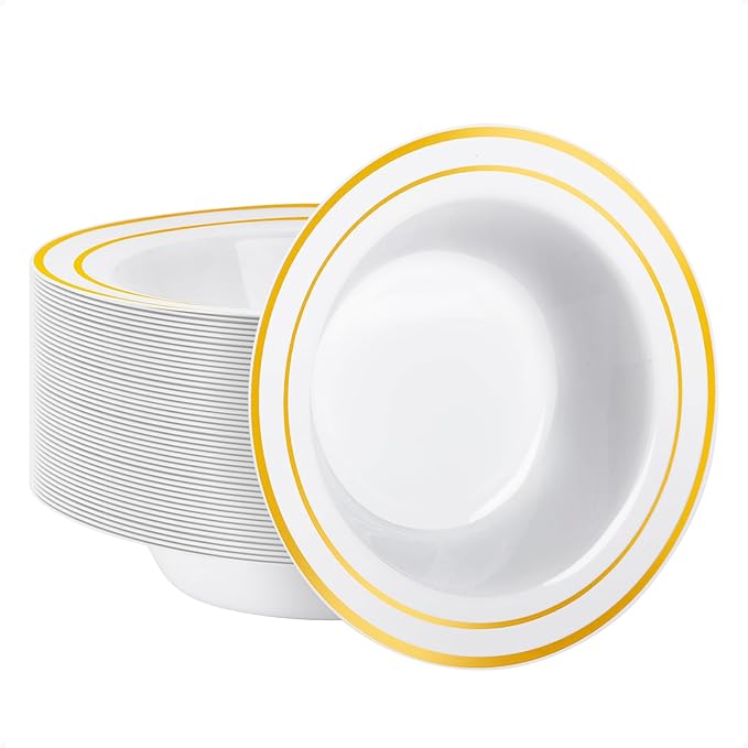 Goodluck 50 Pack Plastic Bowls with Gold Rim, 12oz Disposable Soup Bowls, Heavy Duty Dessert Bowls for Weddings, Parties, Dinners, Catering, Thanksgiving and Everyday Use