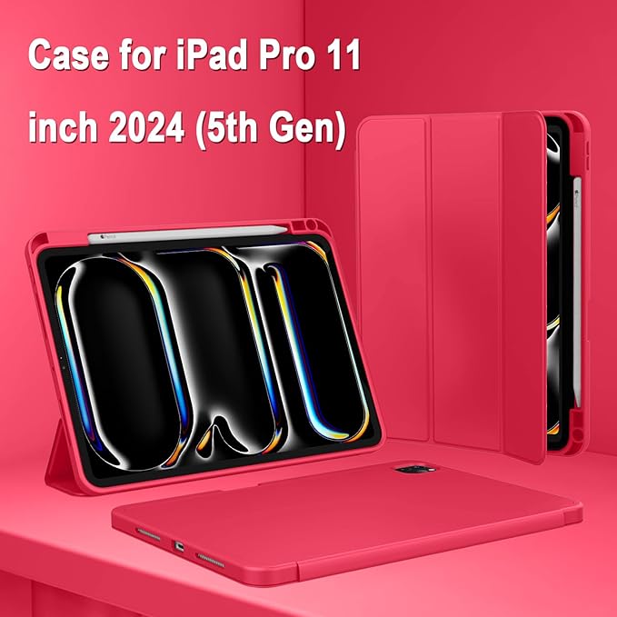 ZryXal iPad Pro 11 Inch Case (M5) 2025/ (M4) 2024 (Model: A2836/A2837/A3006), Trifold Stand Smart Cover with Pencil Holder and Soft TPU Back, Auto Wake/Sleep (Red)