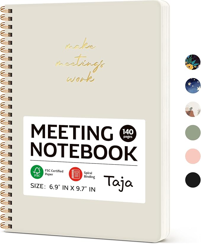 Taja Meeting Notebook for Work Organization - Work notebook with action items, Meeting Minutes Planner Notebook, Perfect Office Supplies for Men & Women - Beige