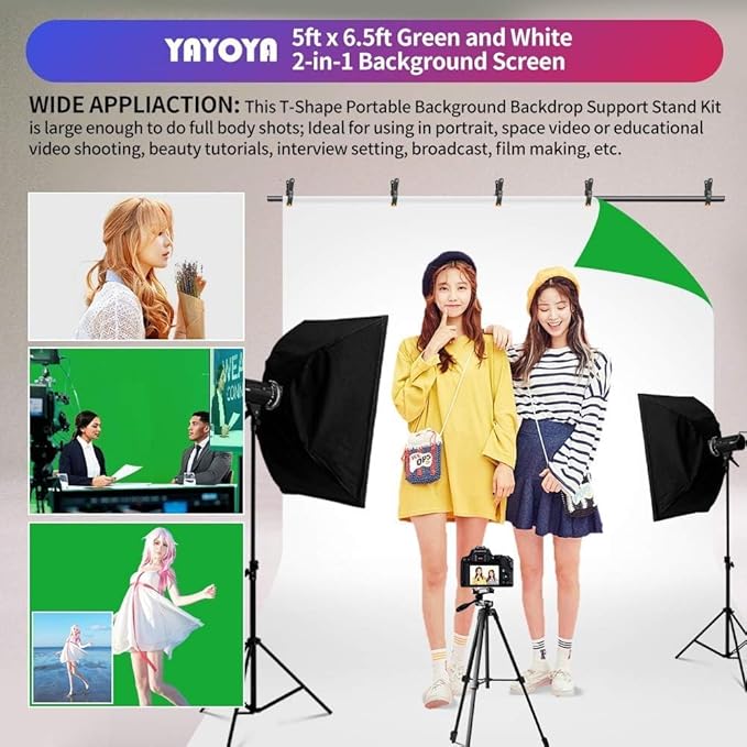 2-in-1 White Backdrop Green Screen Backdrop Stand Kit, 5x6.5 ft Greenscreen Background with Stand for Streaming, Zoom, Photography, Video with Clips & Carrying Bag
