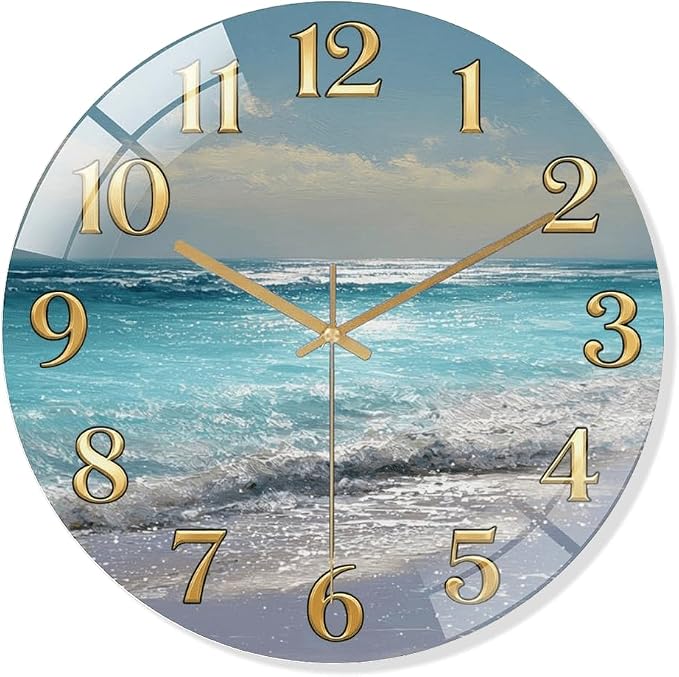 24 Inch Ocean Beach Glass Wall Clock Silent Coastal Art Decor | Silent glossy wall clock featuring a stunning ocean beach scene, perfect for adding a coastal vibe to living room or bedroom
