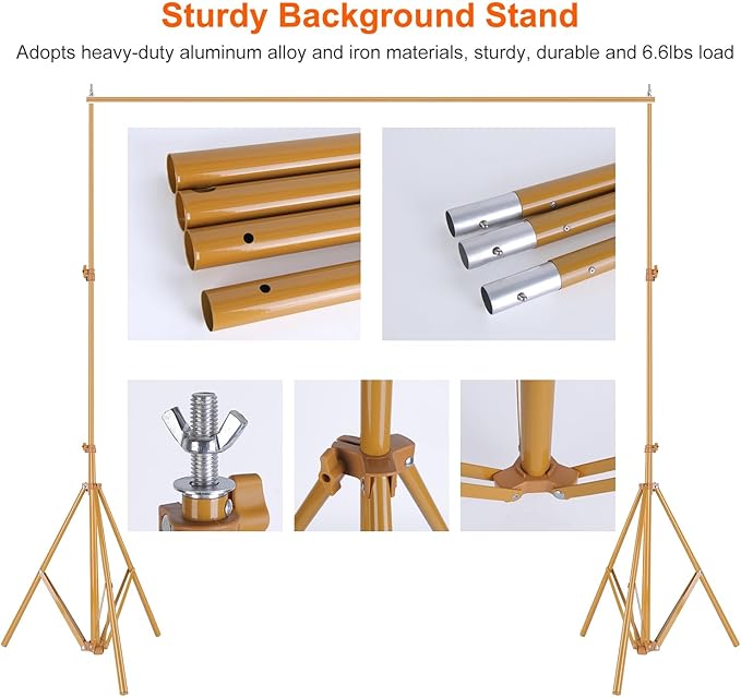 iMounTEK Backdrop Stand for Parties, Banner Stand Photographic Studio Photo Backgrounds 10ft Adjustable Photo Backdrop Stand Kits with a Carrying Bag Photo Backdrop Stand for Birthday/Wedding(Gold)