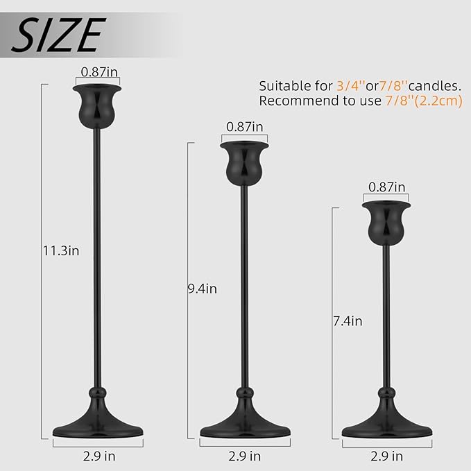 Metal Candle Holder Taper Candlestick Holders for Candle Sticks Vintage Candelabra for Halloween Thanksgiving Christmas (Matt Black, 1 Set (3 pcs))