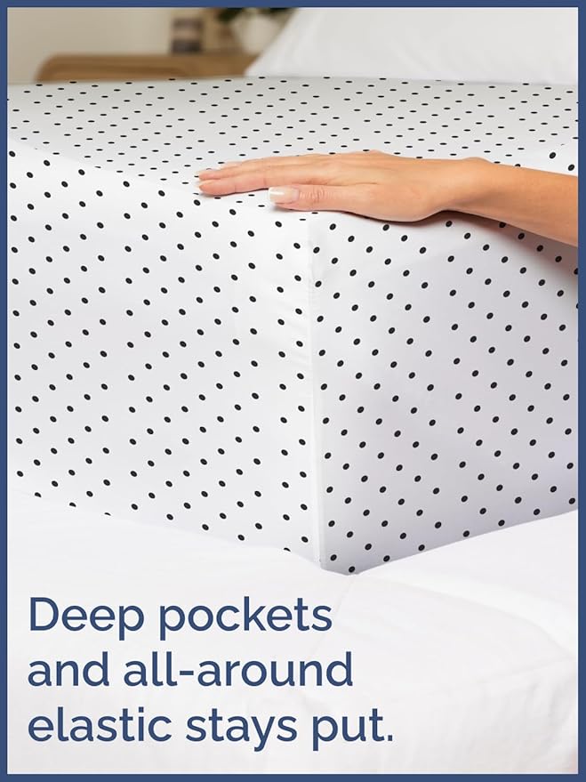 Kids Black Polka Dots Full 4 Piece Sheet Set - Boys, Girls, Teens, Toddler - Easy Fit Deep Pockets - Breathable, Hotel Quality Sheets - Machine Washable - Wrinkle Free - Cute, Cozy, Soft - CGK Linens