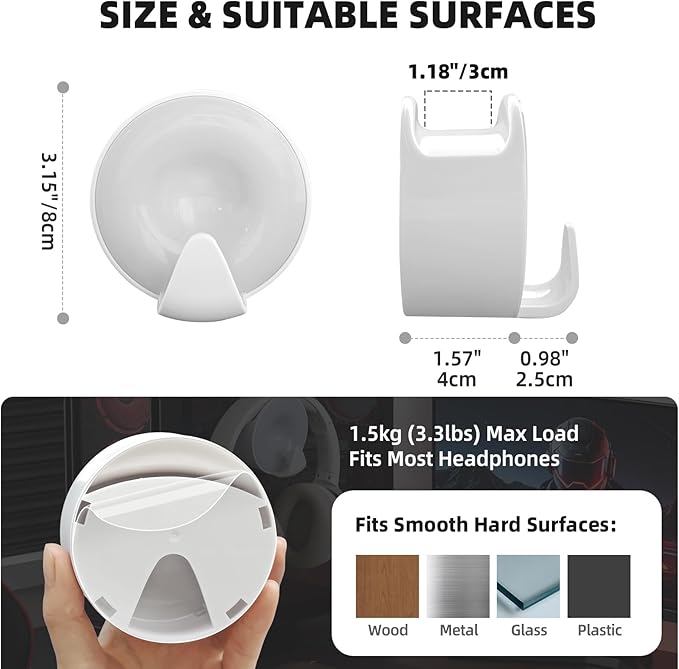 Aenfaiy Headphone Holder Wall Mounted, Under Desk Adhesive Headphone Hook, White Gaming Headset Stand Hanger for Desk with Cable Hook, Fits Slim On-Ear & Over-Ear Headphones| Headband Width Up to 30mm