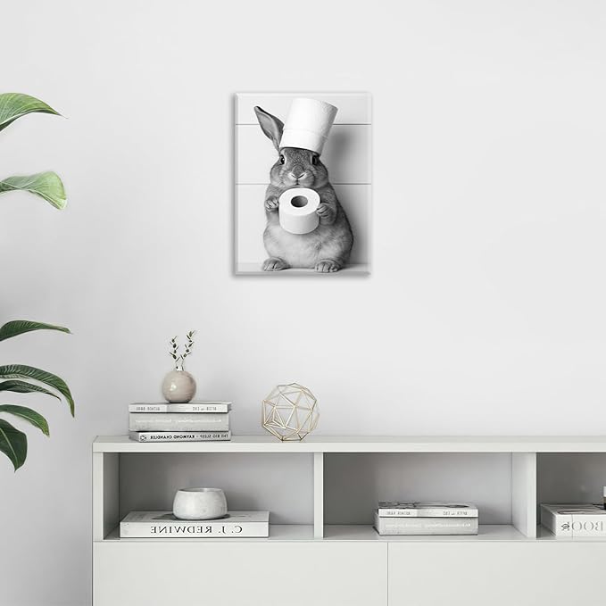 Bunny Bathroom Wall Art, Rabbit Pictures Wall Decor, Animal Canvas Prints Painting, Framed Artwork For Bathroom Living Room Bedroom Office Dining Room 20"X16"