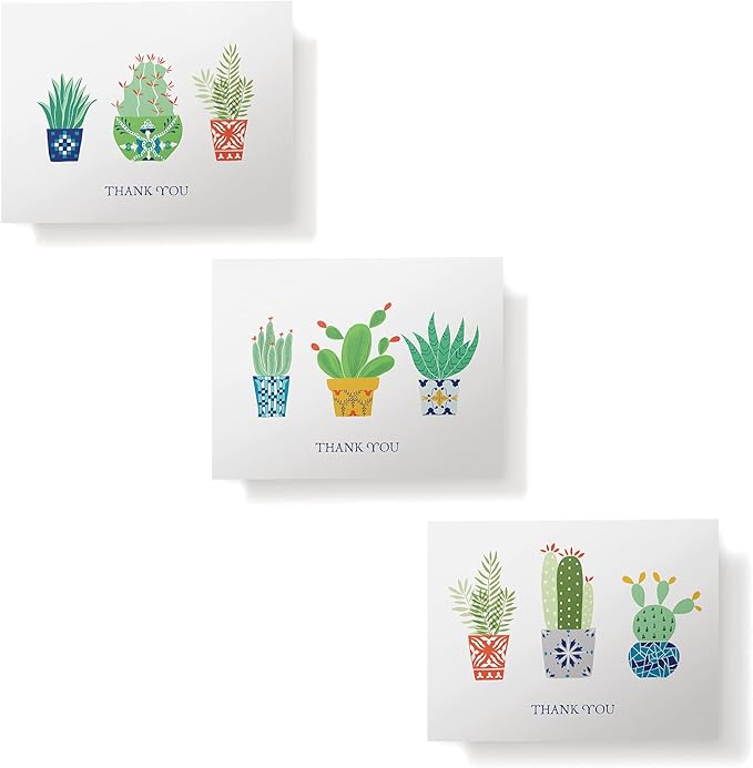 Twigs Paper Thank You Card Set - 12 Assorted Greeting Cards For All Occasions - Thank You Cards with Envelopes - Appreciation Cards - Eco Friendly - Made In USA - 5.5 x 4.25 Inch Size - Cactus Themed