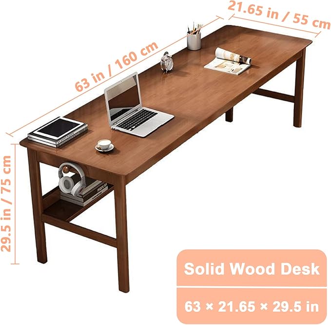 63" Long Solid Wood Desk Mid Century Modern Desk, Home Office Computer Desk, Simple Solid Wood Writing Desk Study Table Workstation, Walnut