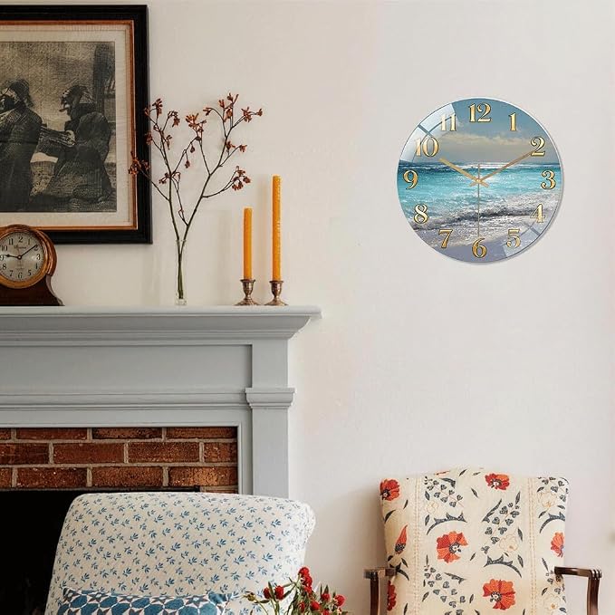 24 Inch Ocean Beach Glass Wall Clock Silent Coastal Art Decor | Silent glossy wall clock featuring a stunning ocean beach scene, perfect for adding a coastal vibe to living room or bedroom