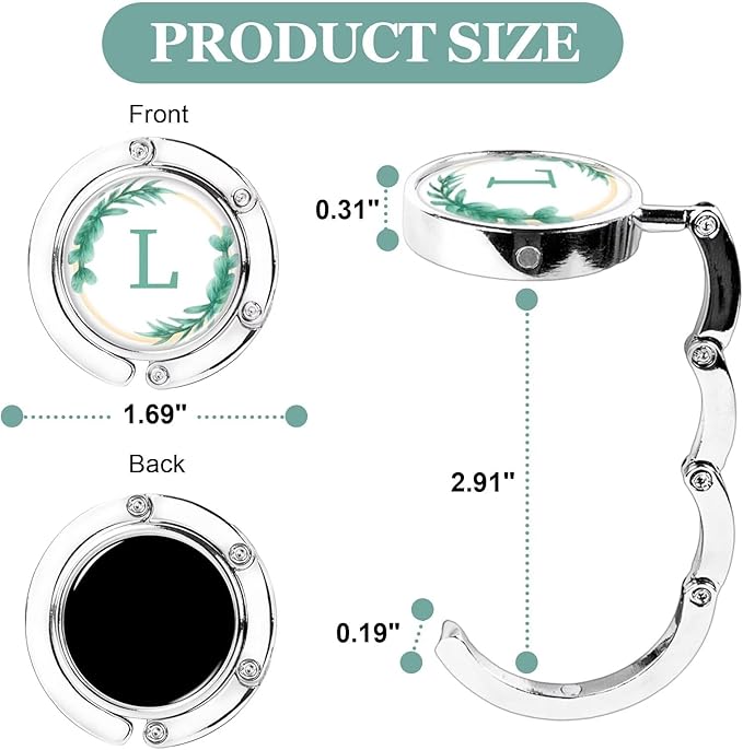 XSUIOY 3Pcs Personalized Initial Foldable Purse Hook for Table,Crushed Flower Letters Folding Purse Hanger,Purse Holder Handbag Hanger Collection Desk Table Bag Hooks Gifts for Women Bag(Green-L)