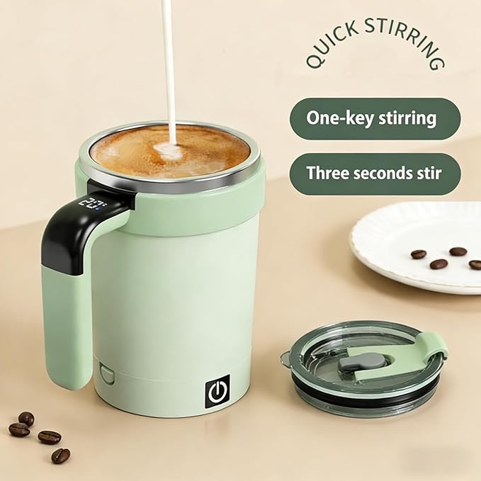 Self Stirring Coffee Mug with Lid,304 Stainless Steel Self Stirring Cup,Rechargeable Coffee Mug with Temperature Display,Suitable for Home and Office (White)