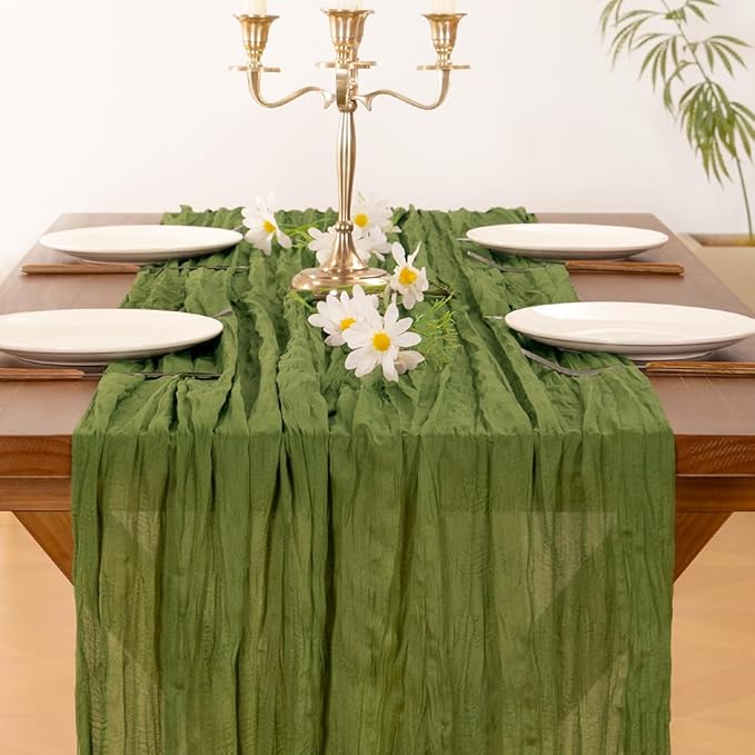 Socomi Olive Green Fall Thanksgiving Cheesecloth Table Runner Boho Rustic Gauze 120 inch 10FT Cheese Cloth Runner for Wedding Party Baby Shower Birthday Home Decor Holiday Decorations