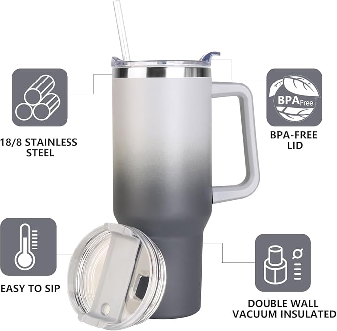 SYACOT 40 oz Tumbler with Handle and Straw Stainless Steel Insulated Tumbler Leak Proof Lid and Straw Lid Reusable Travel Mug Coffee Mug Cup Dishwasher Safe Keep Drinks Cold and Hot (Grey&Black)