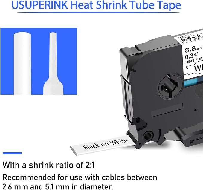 3 Pack Heat Shrink Label Tape Compatible for Brother Ptouch HSe-221 HSe221 HS-221 HS221 Black on White 8.8mm 0.34'' for Wire Cable use in PT-P710BT P700 P750W P900 Label Printer