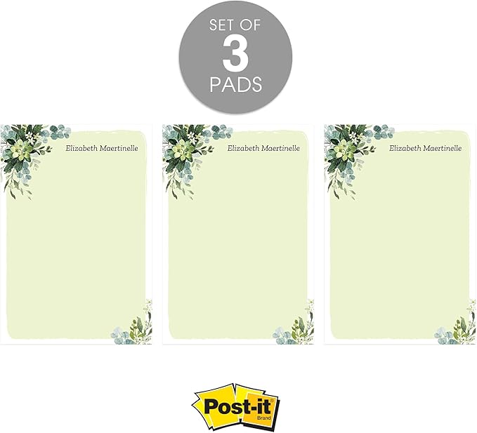 Modern Greenery Personalized Sticky Note Pads / 4" x 6" Repositionable Sticky Note Set/Set of 3 Illustrated Custom Botanical Pads