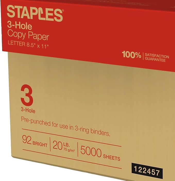 Staples Copy Paper, 8 1/2" x 11", 3 Hole Punched, Case