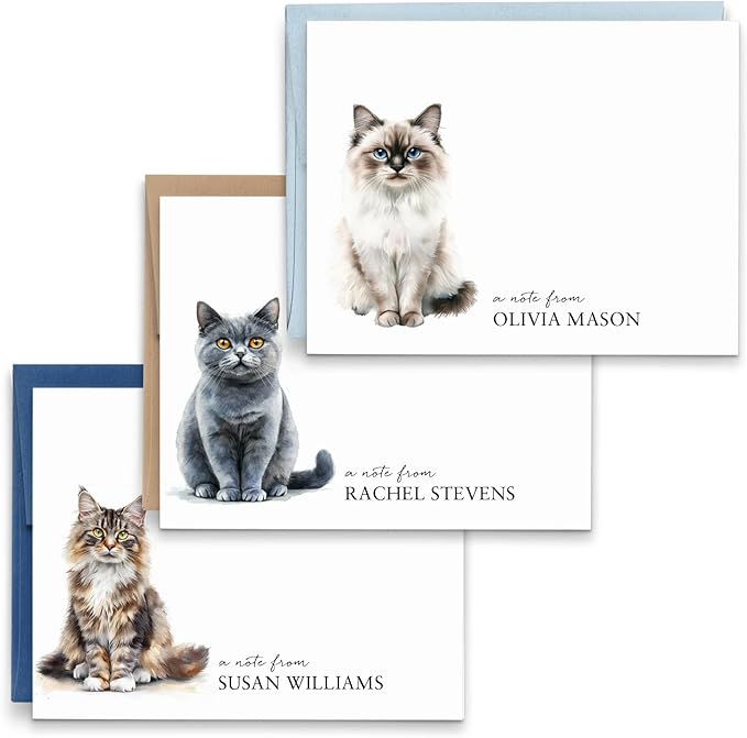 Personalized Stationery Folded Note Cards With Cats, FOLDED Watercolor Cat Stationery Card and Envelopes Set, Custom Gifts For Cat Lovers, Kitten Notecards, Your Choice of Colors and Quantity