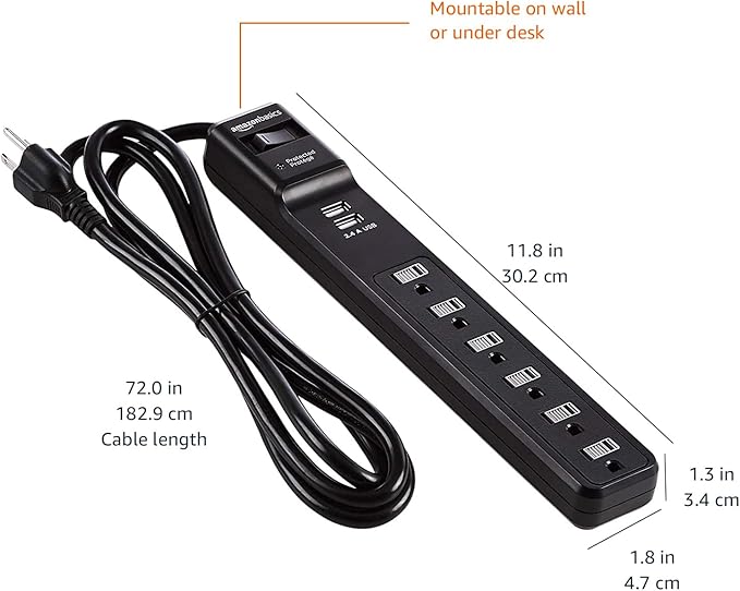 Amazon Basics Surge Protector Power Strip with 6 Outlets,2 USB Ports,1000 Joule,6-Foot Cord Length,Black,(Pack of 6)