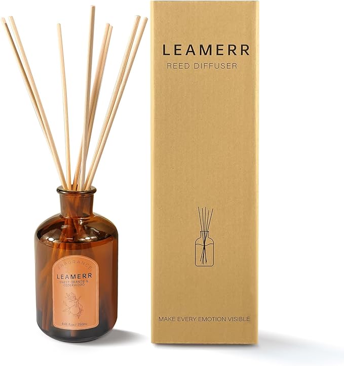 LEAMERR Premium Reed Diffuser Set - 8.8 oz (250 ml) Bedroom Bathroom Living Room Home Fragrance Products Sweet Orange&CEDERWOOD Scent 1 Pack
