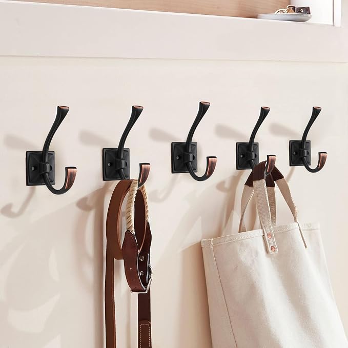 Large Wall Hooks 10 Pack Oil Rubbed Bronze Coat Hooks Hardware Towel Hooks for Hanging Coats 4.35 Inch Double Robe Hooks Wall Mounted with Screws for Key, Towel, Bags, Cup, Hat