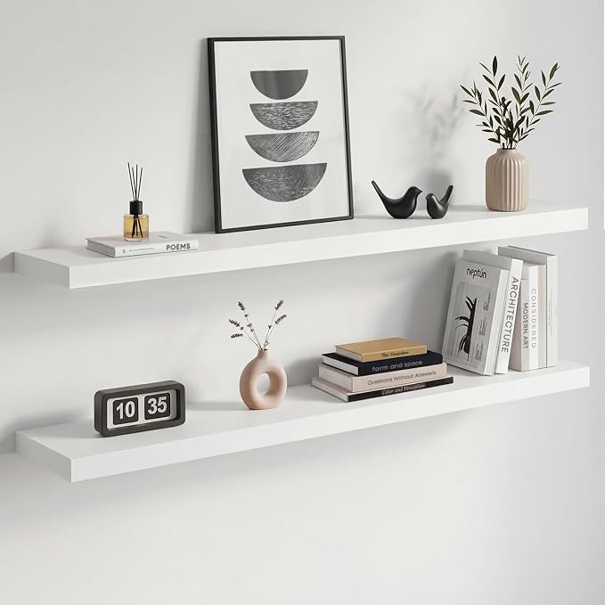 Homeforia White Floating Shelves 42 inch, High End Solid Real Wood 42inch Floating Shelf for Wall Mounted, White Wooden 42in Long Floating Shelves, Heavy Duty Bracket, 42 X 6.5 X 1.75 inches, Set of 3