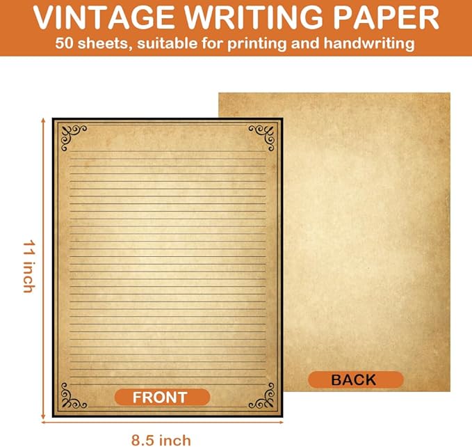 Vintage Lined Paper with Antique Border Design, 50 Sheets, Stationary Paper for Writing Letters, 100gsm, 11 x 8.5'', Aged Stationery for Writing Letters, Invitations, Stationery Writing Papers