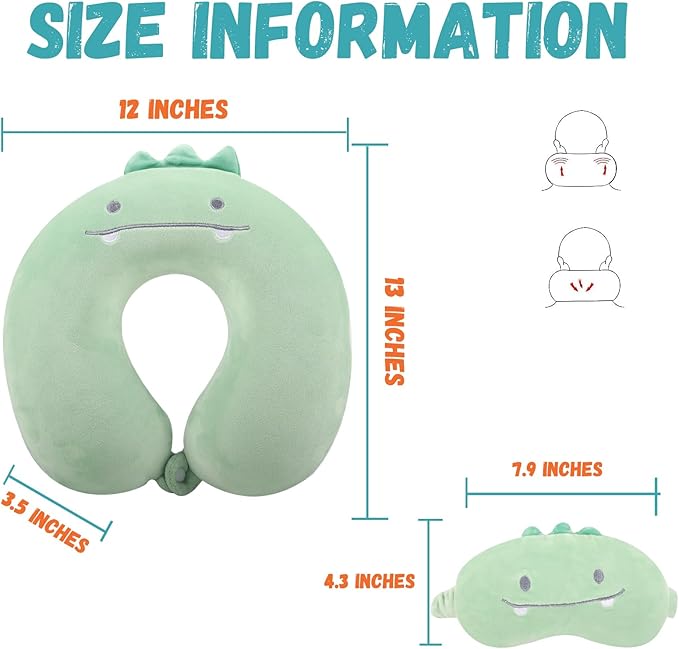Kids Neck Pillow for Travel with Sleep Eye Mask, Cute Travel Neck Pillow, Memory Foam Flight Sleeping Headrest Pillow for Boys & Girls, Airplane, Train, Car, Home Use - Green Dinosaur
