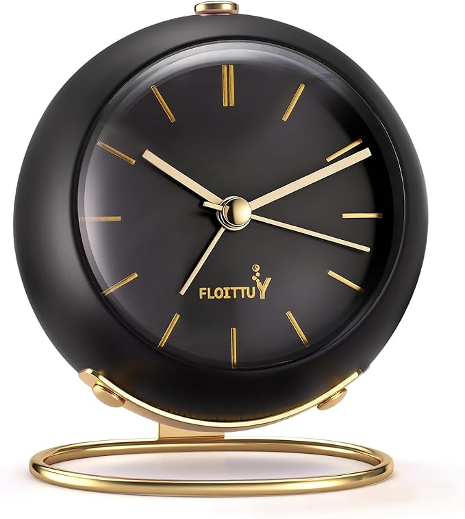 FLOITTUY Silent Table Analog Alarm Clock No Ticking, Lighted on Demand and Battery Operated, Beep Sounds, Small Desk Clock(Shiny Black)