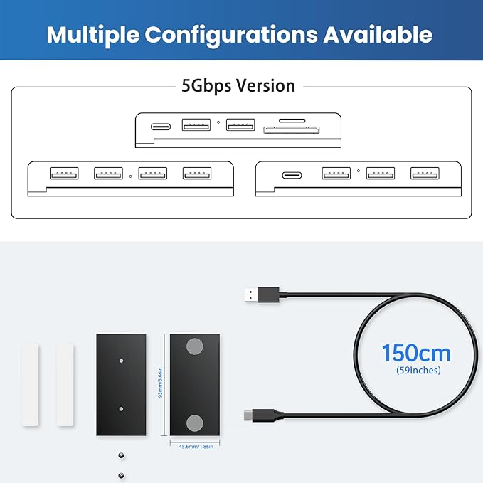 EJAY 5-in-1 Magnetic USB 3.0 Hub with SD/TF Card Reader, 2 USB-A + 1 USB-C Ports, Includes 2 Packs Sliding Rail, Screws & Sticky Pads for MacBook Laptop PC