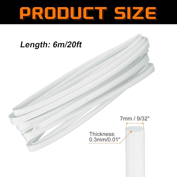MECCANIXITY 20ft Braided Cable Sleeve, 9/32" ID 200C High Temperature 1500V Fiberglass Wire Insulation Cord Protector Organizer Wires Management for Motor Engine Fuel Line, White