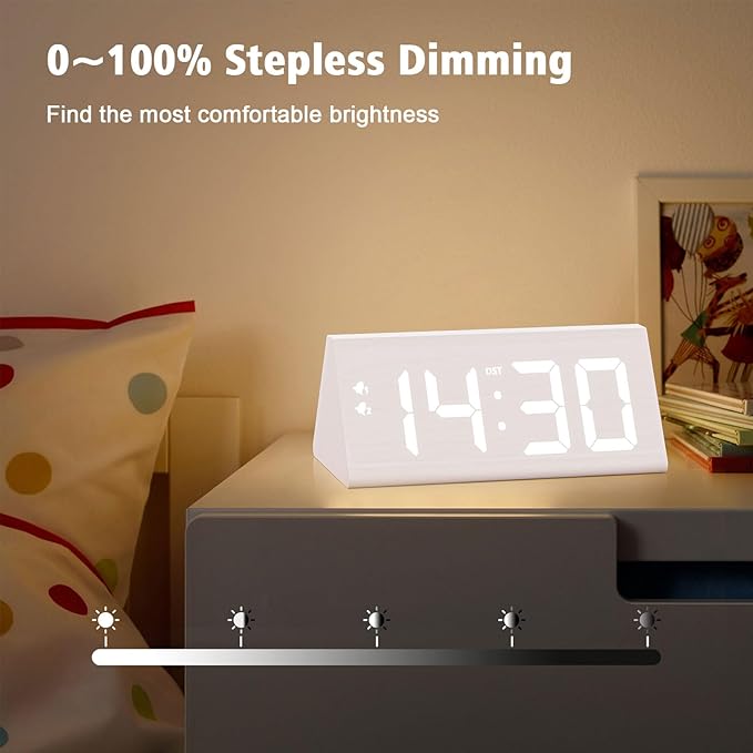 fomobest Wooden Digital Alarm Clock with Dual USB Charging Ports, DST, Dimmable, Snooze, Modern Large Time Display LED Clock for Kids Bedrooms, Living Room, Desk, Table, Bedside, Nightstand (White)