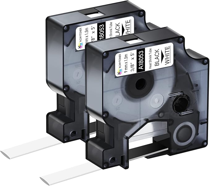 Compatible for Dymo 18053 Heat Shrink Tubes 9mm Label Tape for Wires Cables 3/8 Inch x 4.9 ft Used in Rhino Pro 3000, 4200, 5200, 5000, 6000 Industrial Label Makers, Black on White, 2 Pack