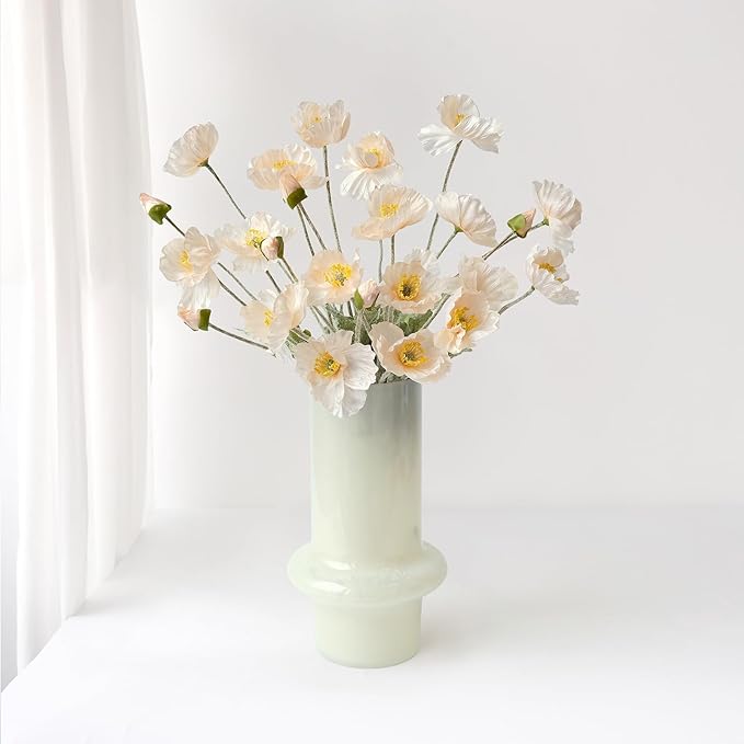 Champagne Poppy Flowers Fake 6PCS Faux Poppies Artificial with Long Stems Silk Bouquet for Home Kitchen Wedding Centerpiece Decor