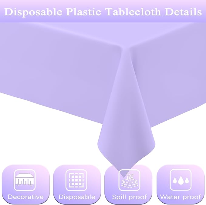 WNINK 4 Pack Light Purple Rectangular Plastic Tablecloths, Pastel Purple Disposable Table Covers 54" x 108" for Birthday, BBQ, Bridal Shower, Engagement Wedding, Picnic Parties and 8 ft Table Use