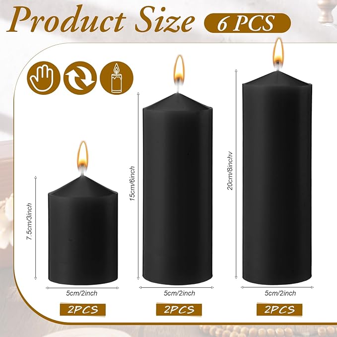 MTLEE 6 Pcs Pillar Candles 3 Set 2 in x 3, 6, 8 Inch Smokeless Dripless Unscented Pillar Candles Long Clean Burning Wax for Wedding Dinner Party Spa Emergency Ceremony Home Decor (Black)