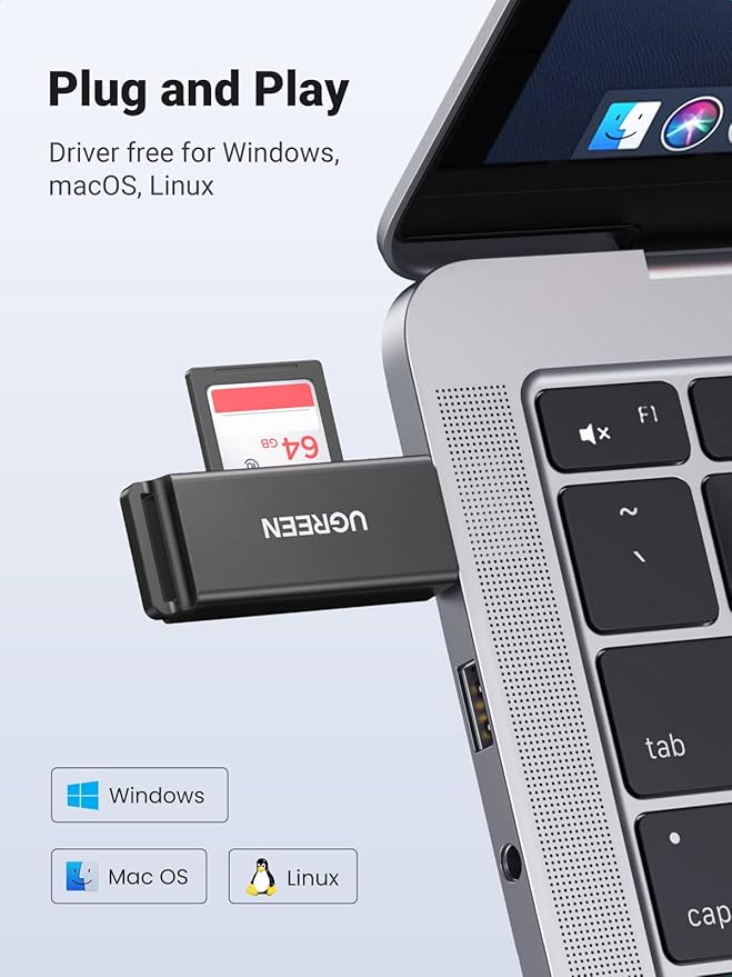 UGREEN SD Card Reader - Portable USB 3.0 Dual Slot Flash Memory Card Adapter Hub for SDXC, SDHC, MMC, RS-MMC, TF, Micro SDXC, Micro SDHC UHS-I for Mac, Windows, Linux, Chrome PC, Laptop